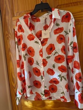 White Poplin Blouse with Red Poppy Print